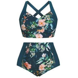Hanna Nikole Women Floral High Waisted Bikini Set Tummy Control Swimwear M